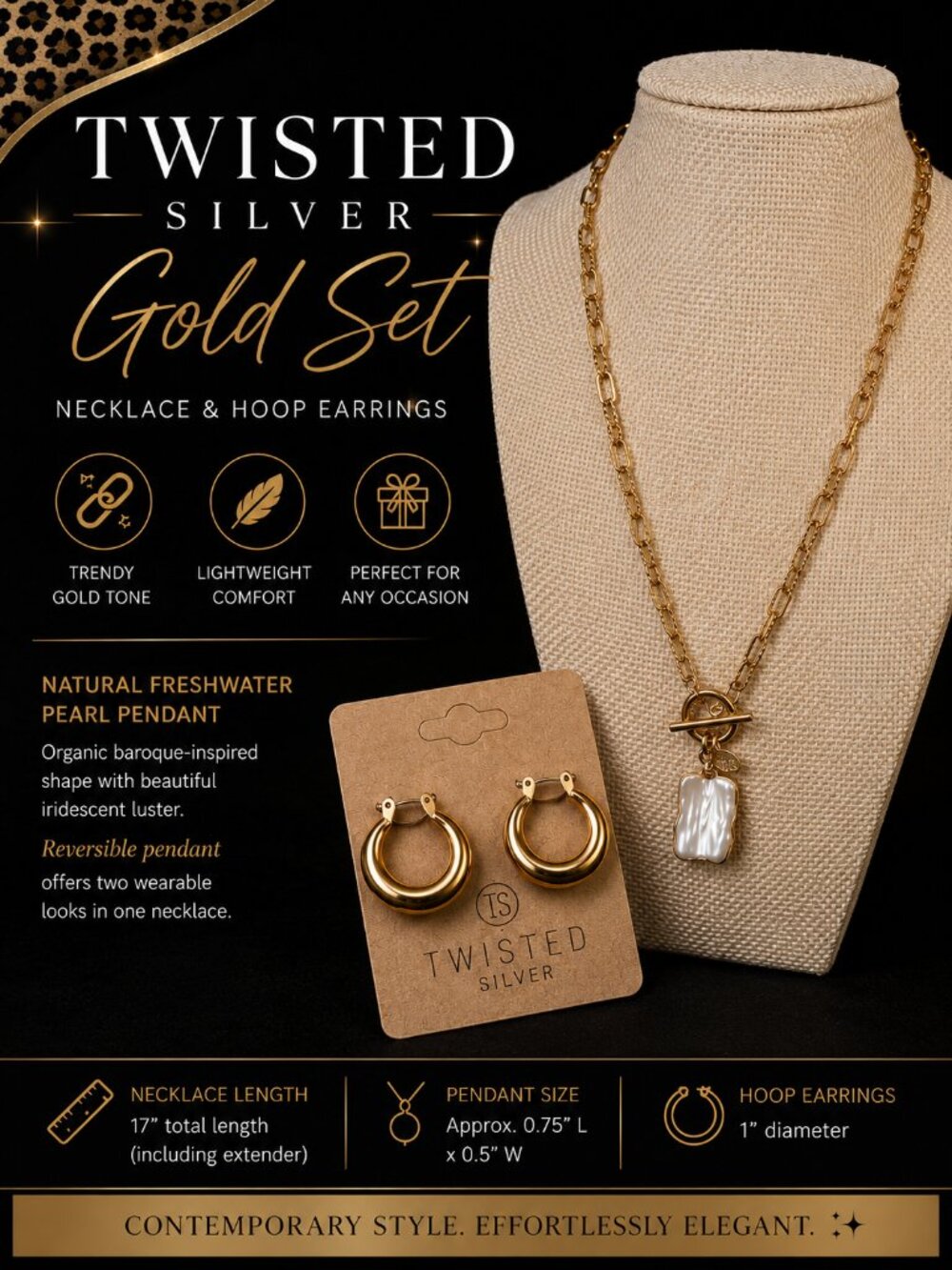 Twisted Silver Gold Tone Necklace & Hoop Earrings Set NIB Freshwater Pearl